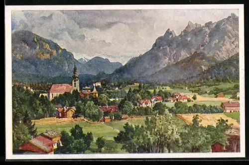Künstler-AK Grossgmain, Ortsansicht mit Kirche und Alpenpanorama