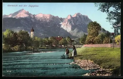 AK Garmisch, Zugspitze, Kirche, Flussufer