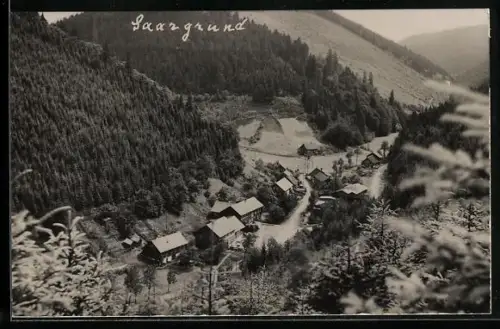 Foto-AK Saargrund, Ortsansicht im Tal umgeben von Wald und Bergen