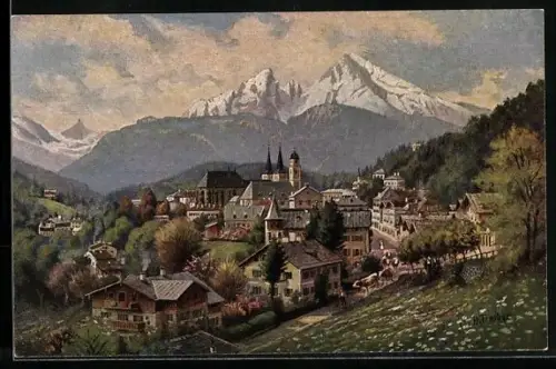 Künstler-AK Berchtesgaden, Ortsansicht mit Kirche und Watzmann