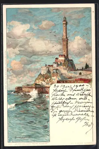 Künstler-AK Manuel Wielandt: Genova, Küstenpartie mit Leuchtturm