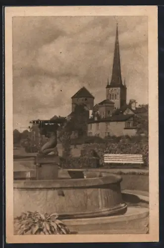 AK Dorpat, Partie am Brunnen mit Blick auf die Kirche