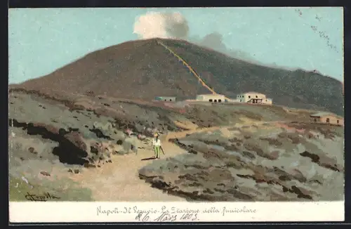 AK Napoli, Il Vesuvio, La Stazione della funicolare, Bergbahn
