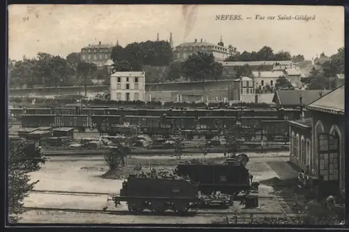 AK Nevers, Vue sur Saint-Gildard, Bahnhof