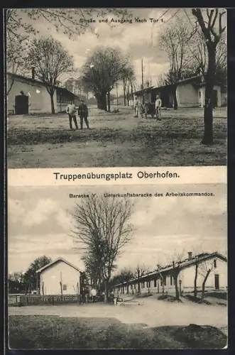 AK Oberhofen, Truppenübungsplatz, Strasse und Ausgang nach Tor 1, Baracke Y, Unterkunftsbaracke des Arbeitskommandos