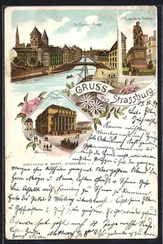 Lithographie Strassburg, St. Thomas-Kirche, Gutenberg-Denkmal, Theater