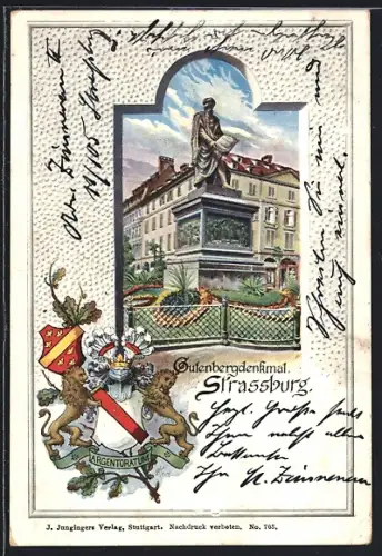 Künstler-AK Strassburg, Gutenbergdenkmal, Stadtwappen