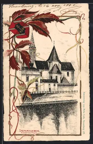 Lithographie Strasbourg, Stephanskirche, Bischöfliches Wappen