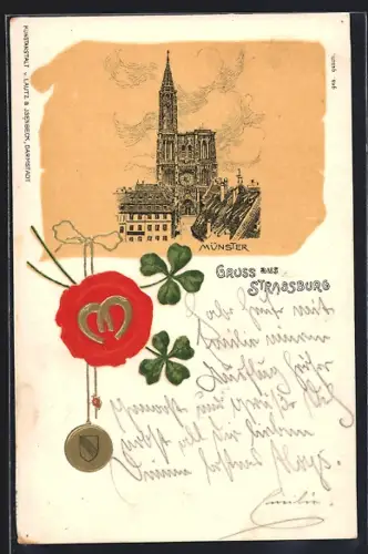 Lithographie Strassburg, Münster, Wappen mit Hufeisen