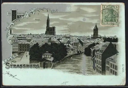 Lithographie Strassburg, Teilansicht der Stadt