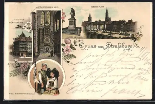 Lithographie Strassburg i. E., Kleber-Platz, Astronomische Uhr, Altes Haus am Münsterplatz