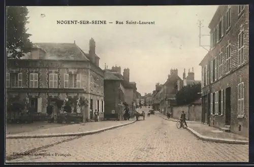 AK Nogent-sur-Seine, Rue Saint-Laurent avec cycliste et calèche