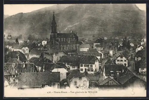 AK Willer /Haute-Alsace, Vue générale du village avec église et montagnes en arrière-plan
