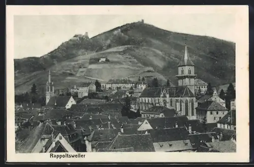 AK Rappoltsweiler, Vue sur l`église et les toits avec la colline en arrière-plan
