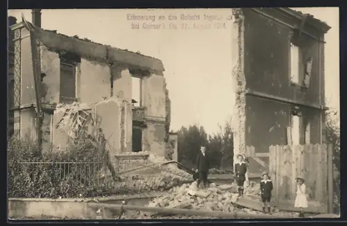 AK Colmar, Ruines après la bataille du 22 août 1914 avec des enfants observant les décombres
