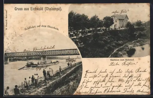 AK Eichwald /Chalampé, Navigation sur le Rhin supérieur et vue du pont ferroviaire