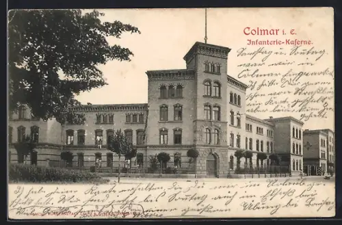 AK Colmar, Infanterie-Kaserne avec architecture imposante et arbres en premier plan
