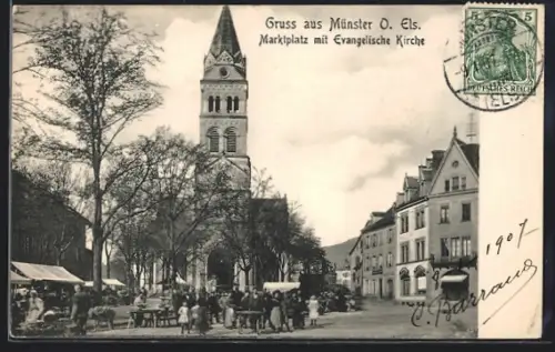 AK Münster /Els., Marktplatz mit Evangelischer Kirche