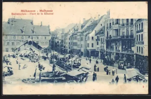 AK Mulhouse, Rathausplatz, Place de la Réunion mit belebtem Markttreiben