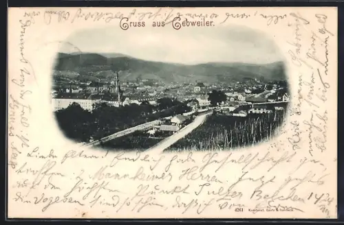 AK Gebweiler, Vue panoramique de la ville avec paysages viticoles et collines en arrière-plan