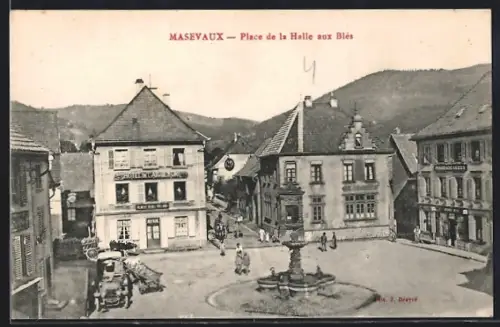 AK Masevaux, Place de la Halle aux Blés avec fontaine et bâtiments historiques