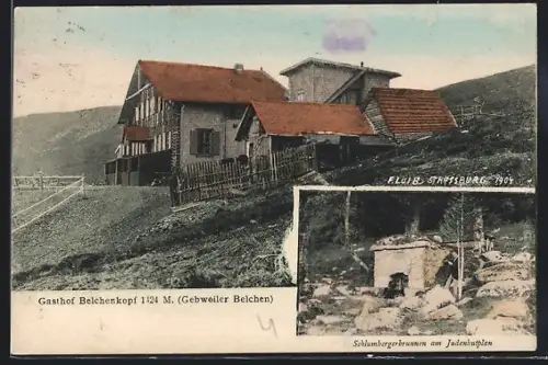AK Belchenkopf, Vue du Gasthof Belchenkopf et de la fontaine Schlumbergerbrunnen