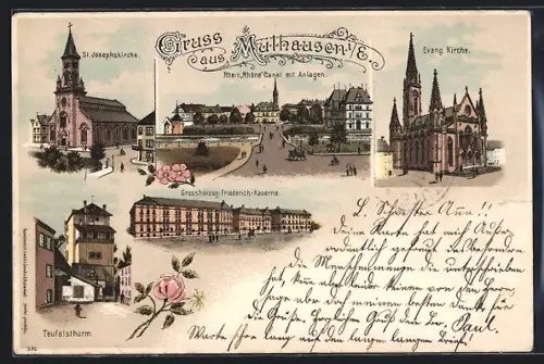 Lithographie Mülhausen i. E., Églises, Rhin-Rhône Canal, Teufelsturm et caserne Friedrich en illustrations