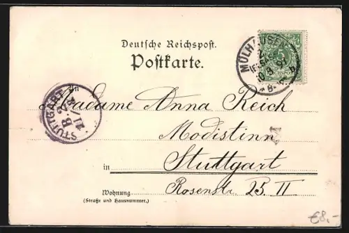 Lithographie Mülhausen i. E., Églises, Rhin-Rhône Canal, Teufelsturm et caserne Friedrich en illustrations