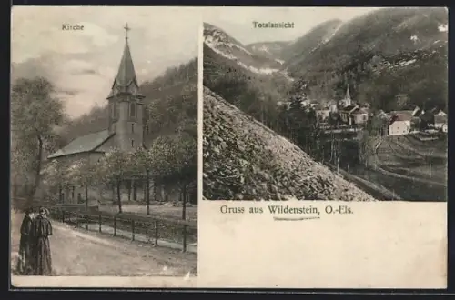 AK Wildenstein /O.-Els., Vue de l`église et vue panoramique du village en montagne