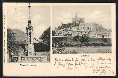 AK Altkirch, Marienbrunnen et vue du village avec église en arrière-plan