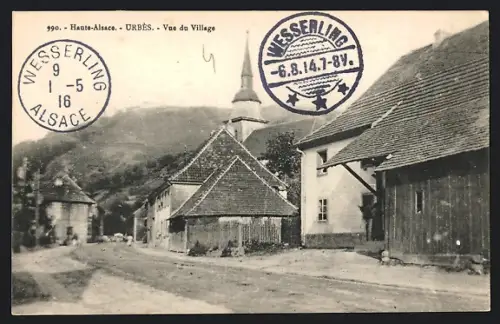 AK Urbès /Haute-Alsace, Vue du village avec église et maisons rurales