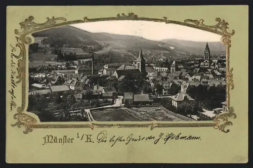 AK Münster i. E., Vue sur la ville avec collines en arrière-plan
