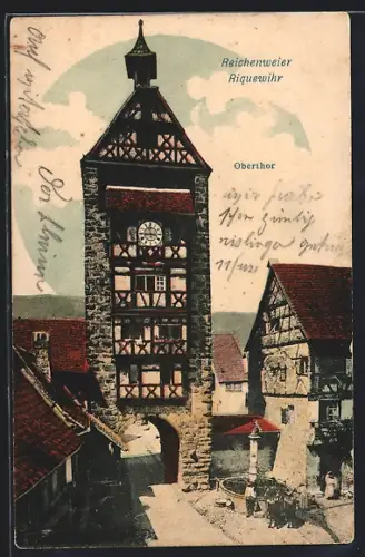 AK Riquewihr, Oberthor et vue de la rue pavée avec maisons à colombages