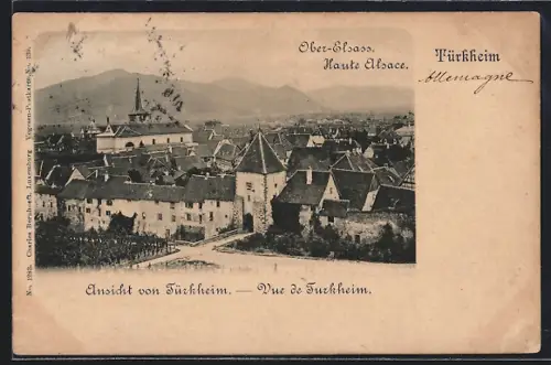 AK Türkheim /Haute Alsace, Vue de Türkheim avec montagnes en arrière-plan