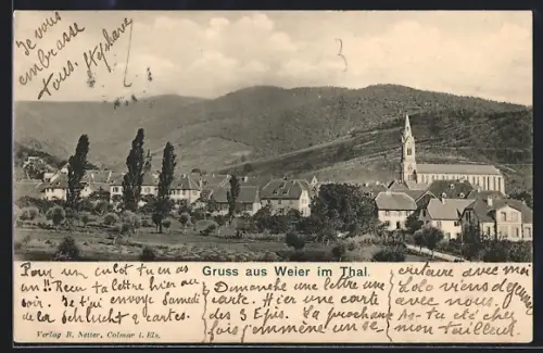 AK Weier im Thal, Vue du village avec église et collines en arrière-plan