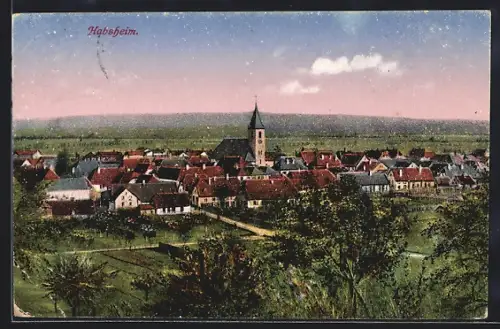 AK Habsheim, Vue panoramique du village et de l`église entourée de campagne