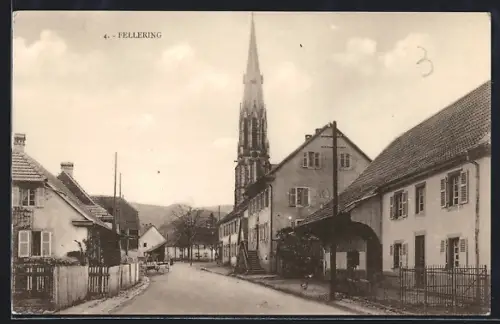 AK Fellering, Rue principale avec église et maisons traditionnelles