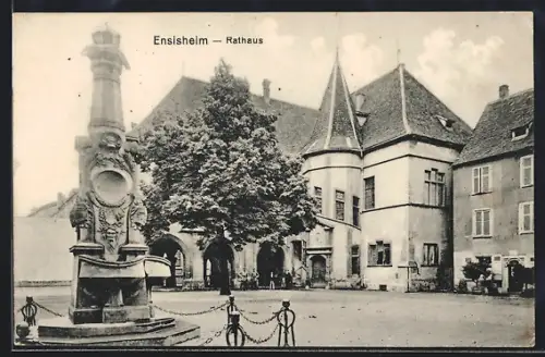 AK Ensisheim, Vue du Rathaus avec fontaine et place centrale
