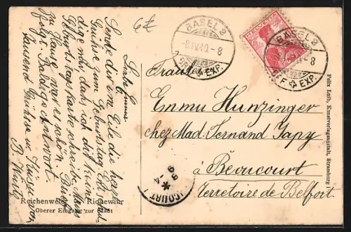 AK Reichenweier, Oberer Eingang zur Stadt mit Menschen im Torbogen