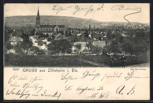 AK Zillisheim, Vue sur l`église et le village en Alsace