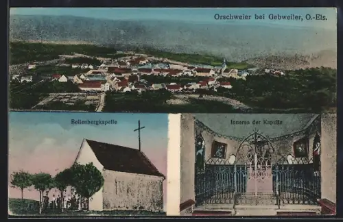AK Orschweier /O.-Els., Vue aérienne, Boilenbergkapelle et intérieur de la chapelle