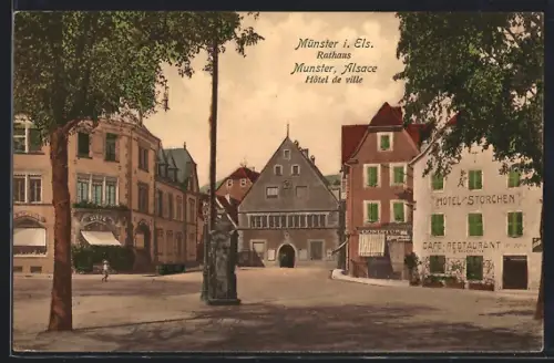 AK Münster i. E., Hôtel de ville et place centrale animée