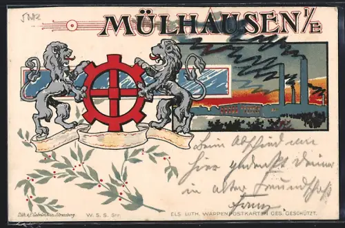 Lithographie Mülhausen i. E., Fabrikanlage, Wappen mit Löwen