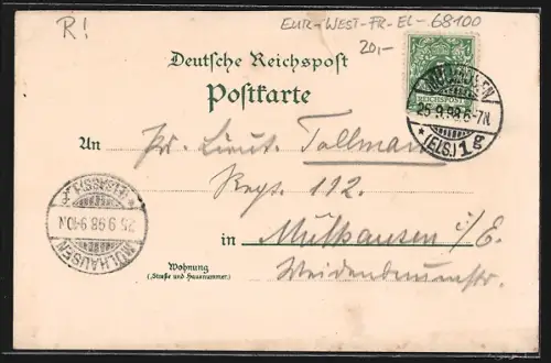 Lithographie Mülhausen i. E., Fabrikanlage, Wappen mit Löwen