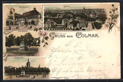 Lithographie Colmar, Kaufhaus, Hirn-Denkmal, Rappplatz