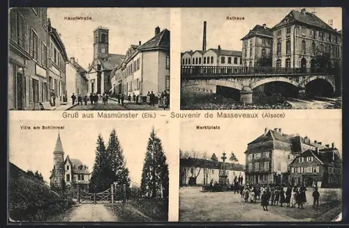 AK Massevaux /Alsace, Souvenir de Massevaux, Rue principale, mairie, villa et place du marché