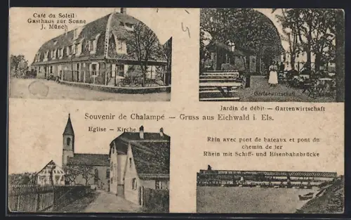 AK Chalampé, Souvenir de Chalampé avec église, Café du Soleil, Propr. J. Münch, Eglise