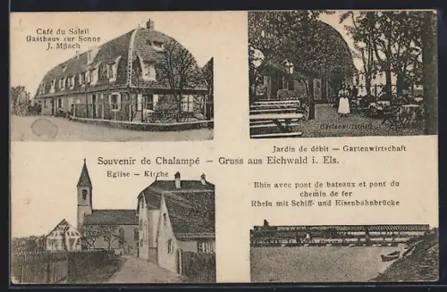 AK Chalampé, Café du Soleil, Propr. J. Münch, Eglise