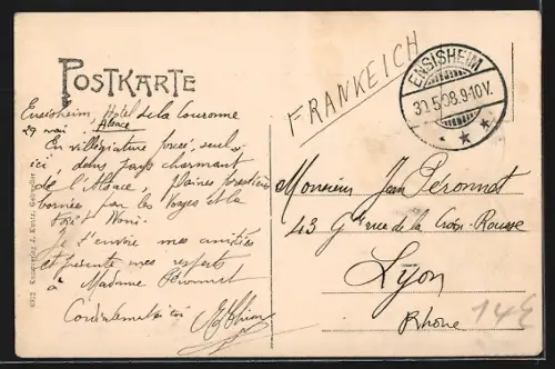 AK Ensisheim /O.-Els., Hauptstrasse mit Kaiserlicher Strafanstalt und Rathaus