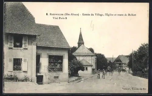 AK Retzwiller /Hte-Alsace, Entrée du Village, l`Église et route de Belfort